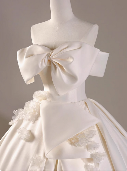 white off shoulder bow dress White satin A-line off-shoulder bow simple wedding dress P2498