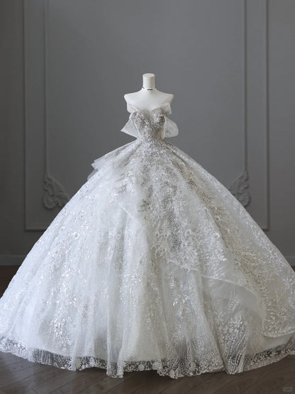 lace off the shoulder princess wedding dress Dreamy lace off-shoulder sparkling rhinestone princess floor-length li –  PreppyDress