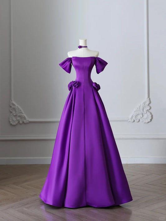 Unique charming purple satin A-line simple light prom dress P2505