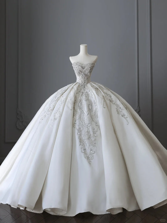 Shiny satin heavy rhinestone beaded vintage floor-length wedding dress P2507