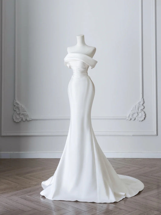 Simple White Mermaid Pleated One Shoulder Wedding Dress with Train P2508
