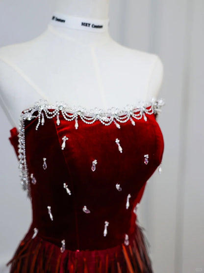 Robe de bal sirène rouge unique en velours perlé ajustée longue P2511