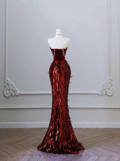 Robe de bal sirène rouge unique en velours perlé ajustée longue P2511