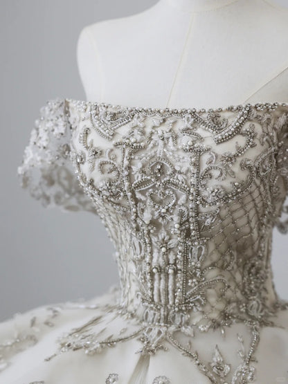 Robe de mariée de luxe en tulle vaporeux, à épaules dénudées, ornée de perles, longueur ras du sol P2513