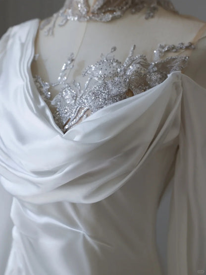 chinese dress ladies Sheer Lace Mermaid Wedding Dress with Asymmetrical Neckline – Rosymae main image 0
