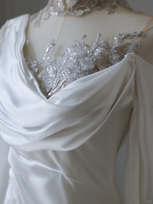 Elegant White Asymmetric Off-the-shoulder Long Sleeve Lace Applique Satin Mermaid Wedding Dress P2517