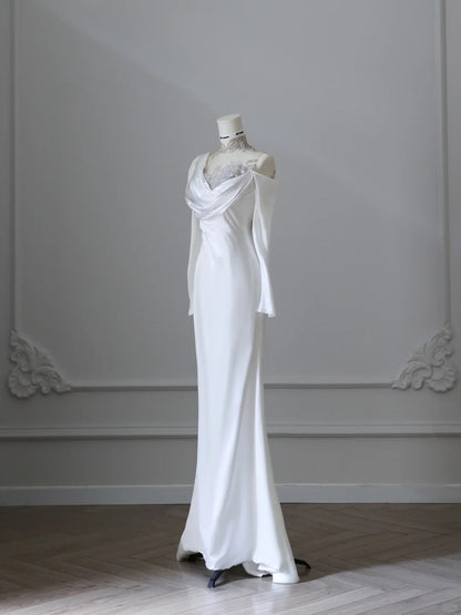 Elegant White Asymmetric Off-the-shoulder Long Sleeve Lace Applique Sa –  PreppyDress