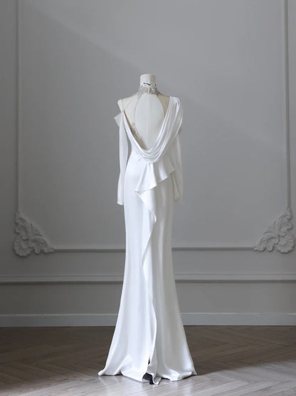 chinese dress ladies Elegant White Asymmetric Off-the-shoulder Long Sleeve Lace Applique Sa