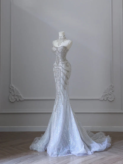 Shiny White Strapless Mermaid Luxury Wedding Dress P2520 – PreppyDress