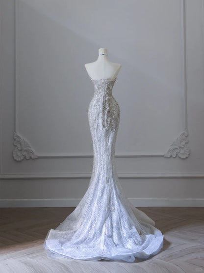 Shiny White Strapless Mermaid Luxury Wedding Dress P2520  PreppyDress