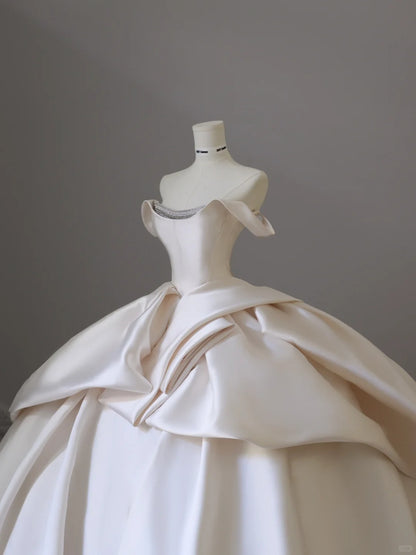 Elegant and simple satin off-shoulder white floor-length wedding dress –  PreppyDress