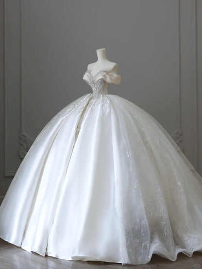 Elegant Sweetheart Neckline Off-the-shoulder Shiny Beaded Satin Floor- –  PreppyDress