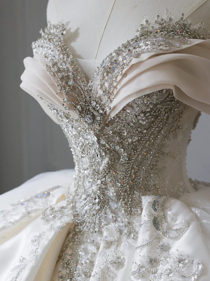 Elegant Sweetheart Neckline Off-the-shoulder Shiny Beaded Satin Floor- –  PreppyDress