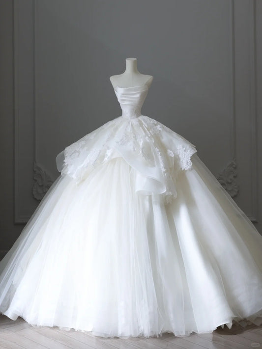 Elegant white off-shoulder lace tulle simple floor-length wedding dress P2523