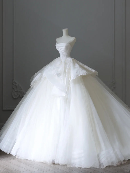 Elegant white off-shoulder lace tulle simple floor-length wedding dress P2523
