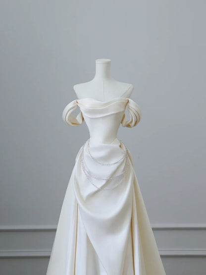 Elegant White Satin Off-the-shoulder Beaded Floor-length Wedding Dress P2528