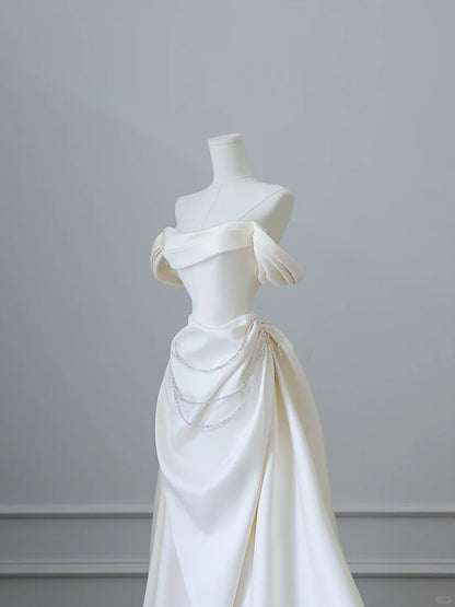 Elegant White Satin Off-the-shoulder Beaded Floor-length Wedding Dress P2528