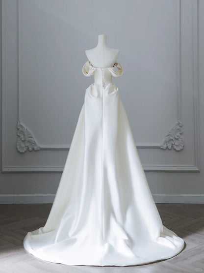 Elegant White Satin Off-the-shoulder Beaded Floor-length Wedding Dress P2528