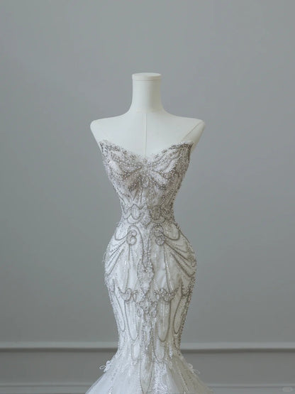 Elegant White Mermaid Off-the-Shoulder Bodycon Beaded Tulle Floor-Length  Wedding Dress P2532