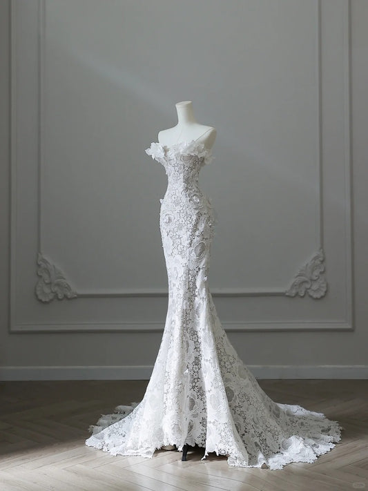 Vintage Lace White Mermaid Floral Wedding Dress P2533
