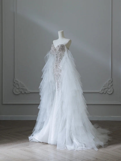 Chic Flowy White Glitter Mermaid Tulle Wedding Dress P2538 Chic Flowy White Glitter Mermaid Tulle Wedding Dress P2538
