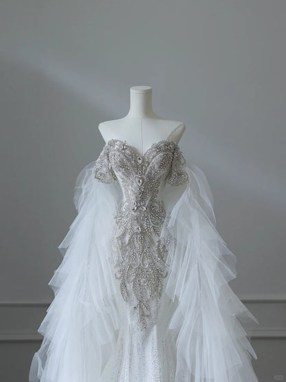 Robe de mariée sirène chic, fluide, en tulle blanc pailleté P2538