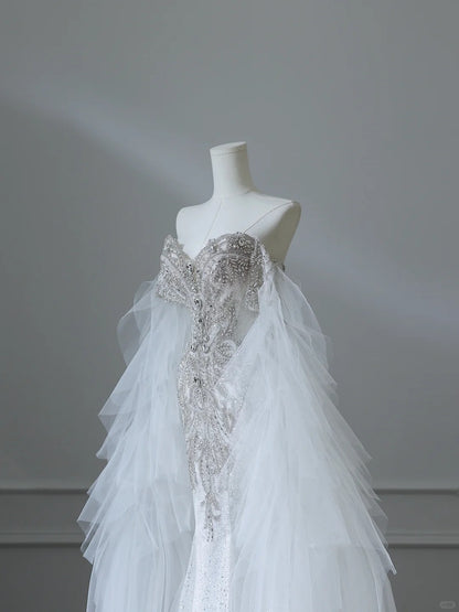 Robe de mariée sirène chic, fluide, en tulle blanc pailleté P2538
