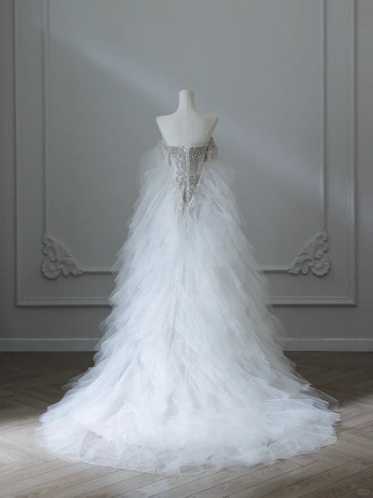 Chic Flowy White Glitter Mermaid Tulle Wedding Dress P2538 – PreppyDress