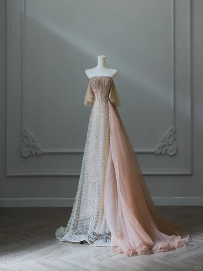 Elegantes Champagnerfarbenes Quasten-Abendkleid mit einer Schulter und Perlen P2539
