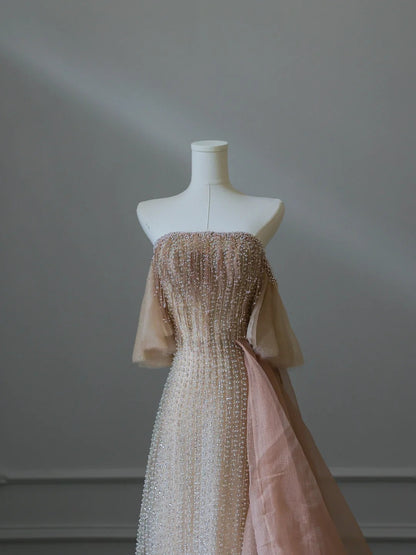 Elegantes Champagnerfarbenes Quasten-Abendkleid mit einer Schulter und Perlen P2539