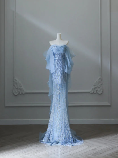 Robe de bal sirène élégante fluide en tulle et paillettes bleu marine P2540