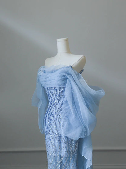 Robe de bal sirène élégante fluide en tulle et paillettes bleu marine P2540