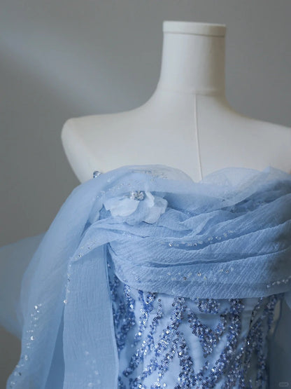 Robe de bal sirène élégante fluide en tulle et paillettes bleu marine P2540