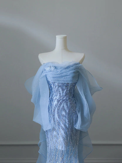 Robe de bal sirène élégante fluide en tulle et paillettes bleu marine P2540