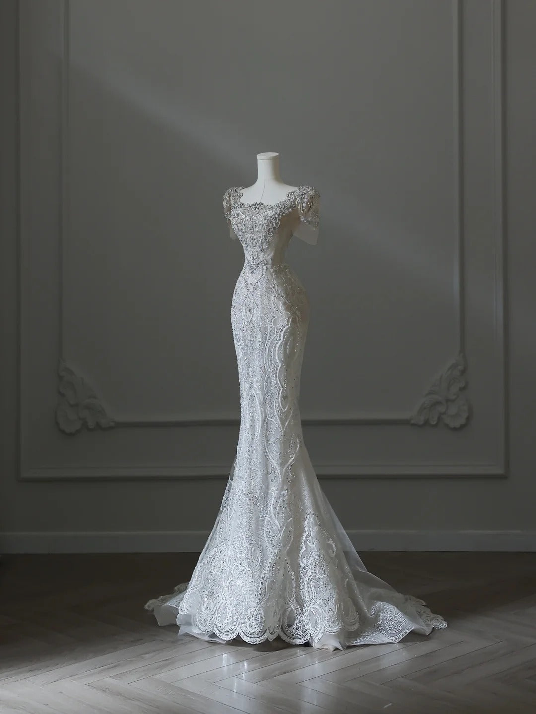 Illusion Square Neck Shiny Beaded Mermaid Lace Wedding Dress P2542