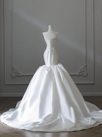 Elegant White Strapless Satin Mermaid Simple Wedding Dress P2543 –  PreppyDress
