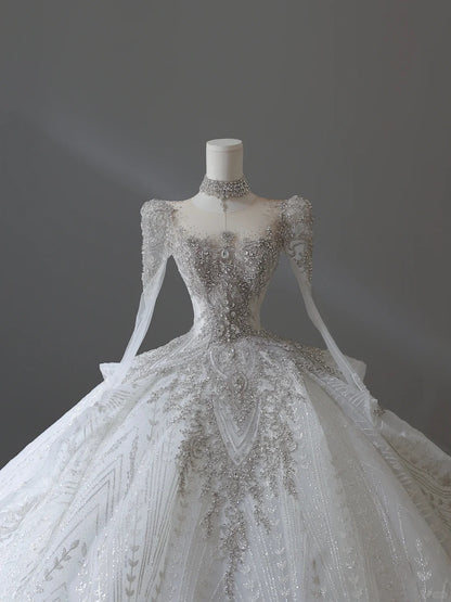 Französisches Retro glänzendes Strass-Rundhals-Spitzen-Langarm-bodenlanges Hochzeitskleid P2544