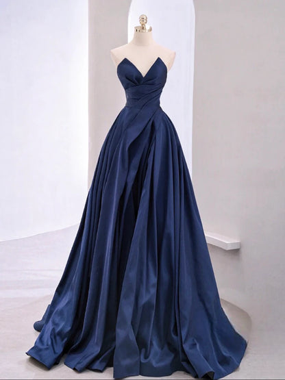 Robe de bal longue bleu marine en satin coupe trapèze avec col en V vintage, robe de soirée longue bleue P2544