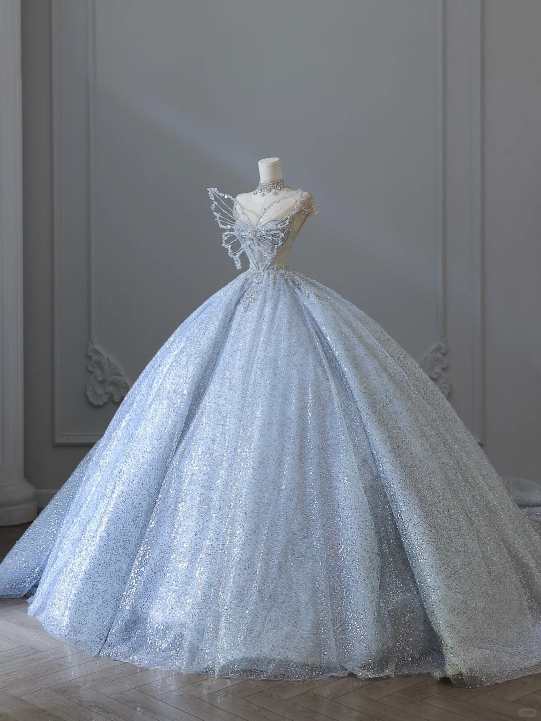 Dreamy Ice Crystal Blue Shiny Bowknot Floor-Length Wedding Dress P2545