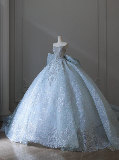 Robe de mariée longue P2546 bleu glace de rêve, ornée de perles scintillantes et de strass, avec nœud papillon