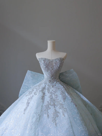 Robe de mariée longue P2546 bleu glace de rêve, ornée de perles scintillantes et de strass, avec nœud papillon