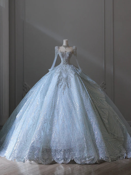 Vintage Glacier Blue Long Sleeve Sparkling Rhinestone Lace Floor-Length Wedding Dress P2547