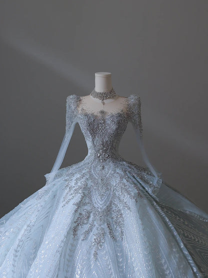 Vintage Glacier Blue Long Sleeve Sparkling Rhinestone Lace Floor-Length Wedding Dress P2547