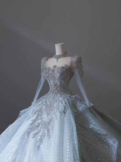 Vintage Glacier Blue Long Sleeve Sparkling Rhinestone Lace Floor-Length Wedding Dress P2547
