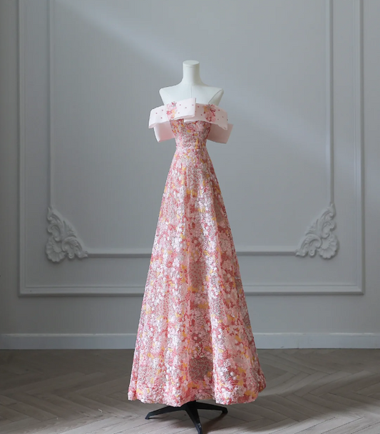 Sweet and lovely pink floral sequined A-line prom dress P2548