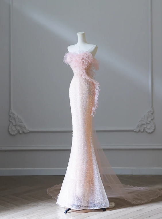 Elegant Pink Mermaid One Shoulder Beaded Prom Dress P2549
