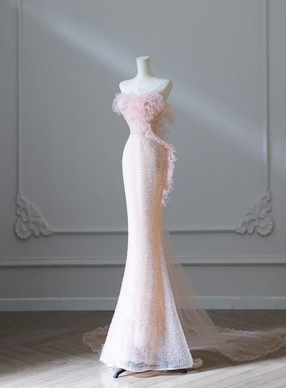 Elegantes pinkfarbenes Meerjungfrauen-Abendkleid mit einer Schulter und Perlen P2549