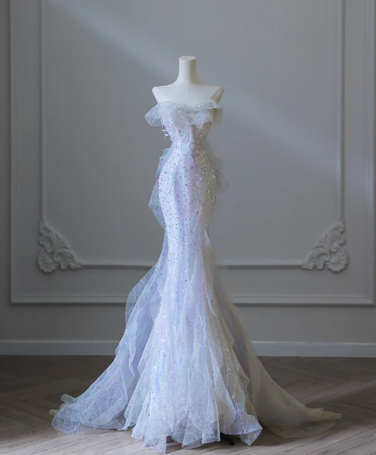 Robe de bal sirène en tulle à sequins lilas rêveuse P2550