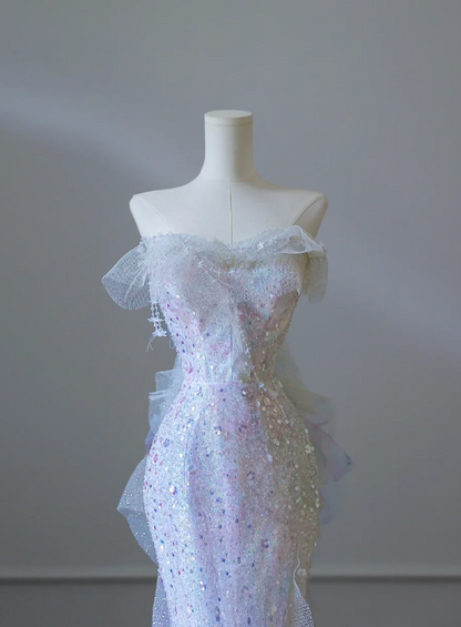 Robe de bal sirène en tulle à sequins lilas rêveuse P2550