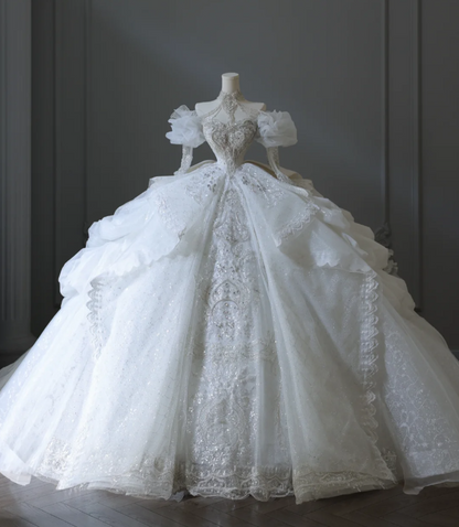 Französisches Hof Retro weißes, langärmeliges, perlenverziertes Luxus-Brautkleid in Bodenlänge P2562